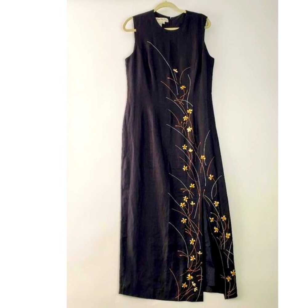 Sleeveless Black Maxi Dress with Yellow Floral Embroidery